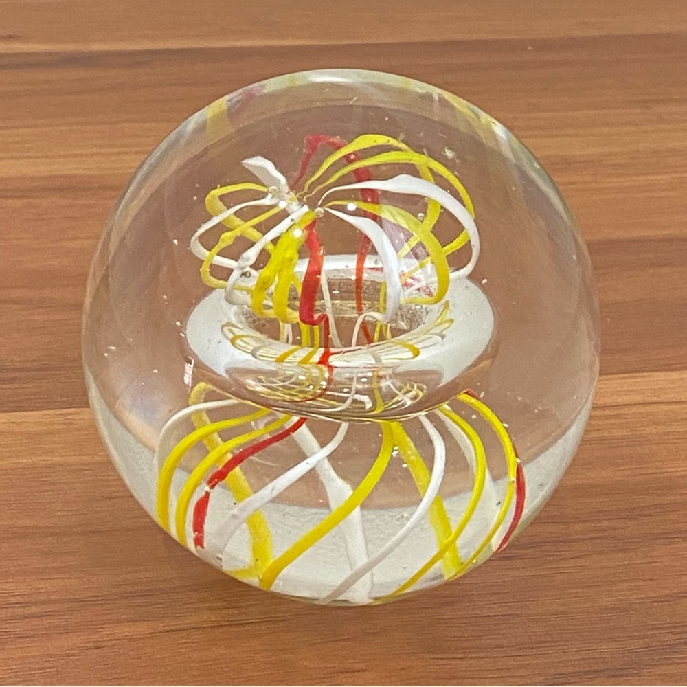 Handblown Art Glass Yellow White & Red Swirl Round Paperweight